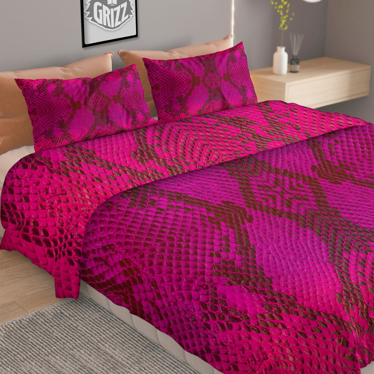 Snakeskin Black And Pink Magenta Print Duvet Cover Bedding Set