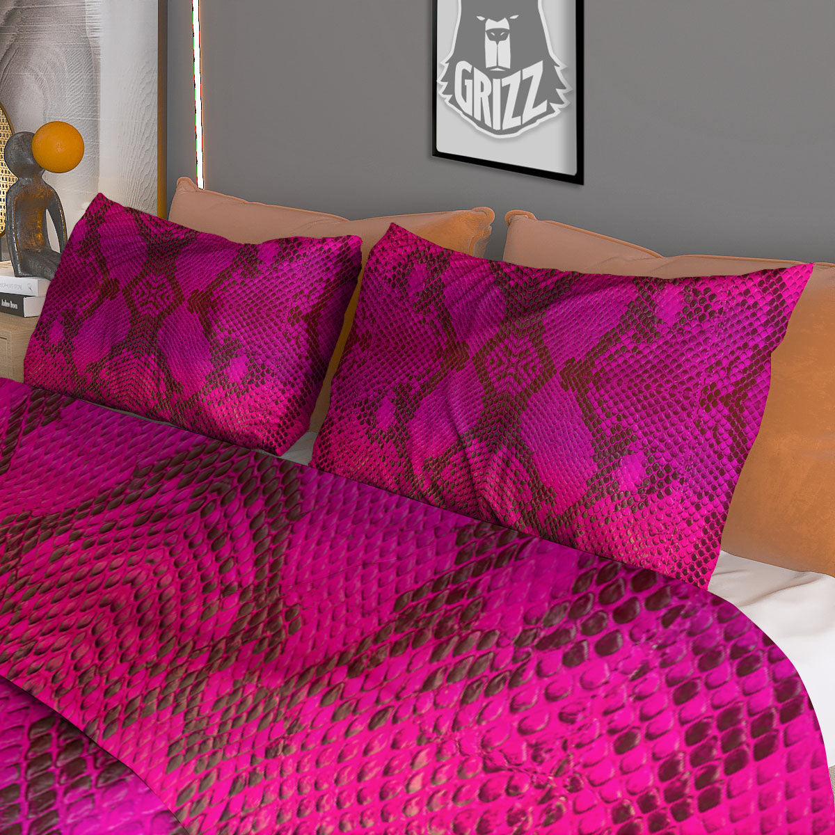 Snakeskin Black And Pink Magenta Print Duvet Cover Bedding Set