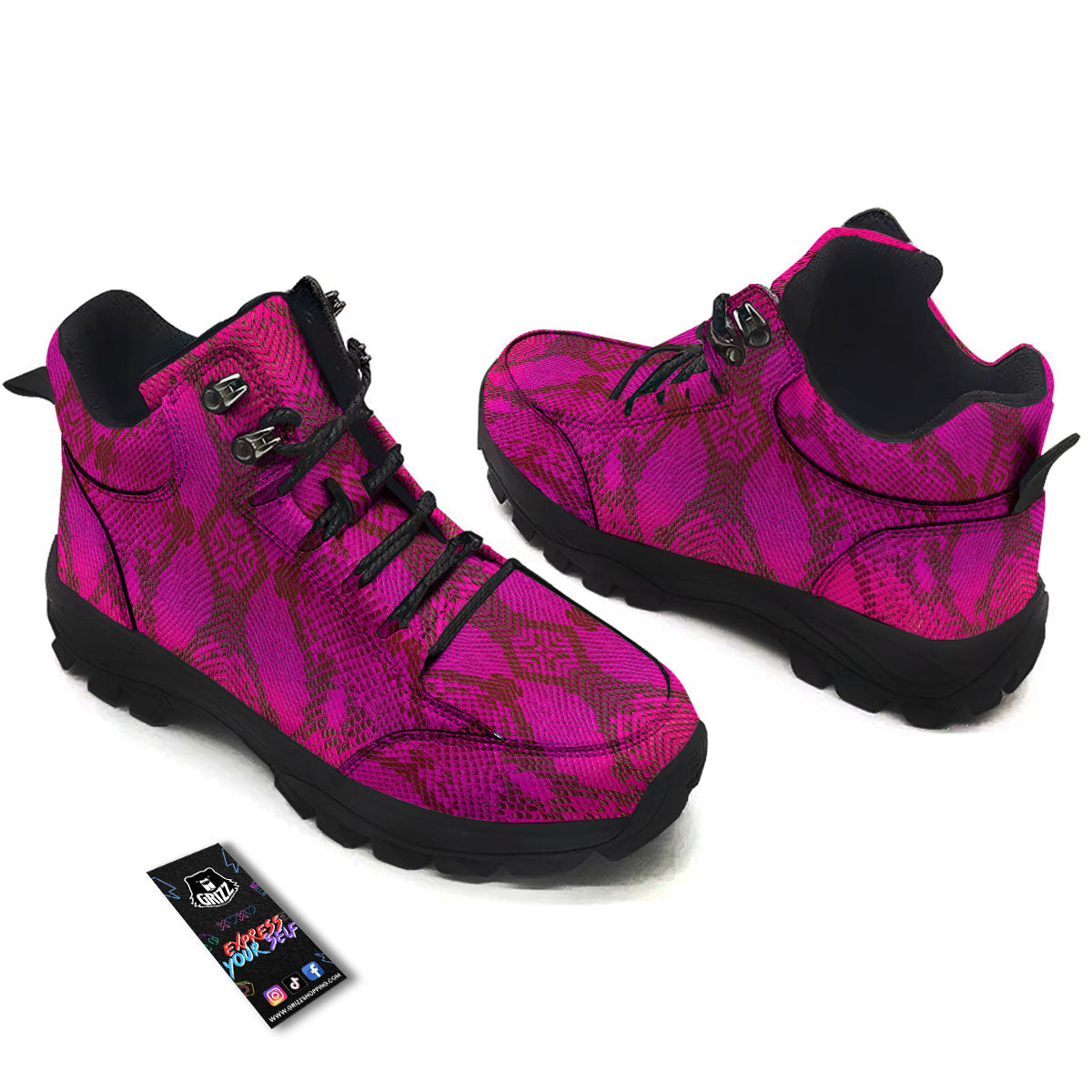 Snakeskin Black And Pink Magenta Print Hiking Shoes-grizzshop