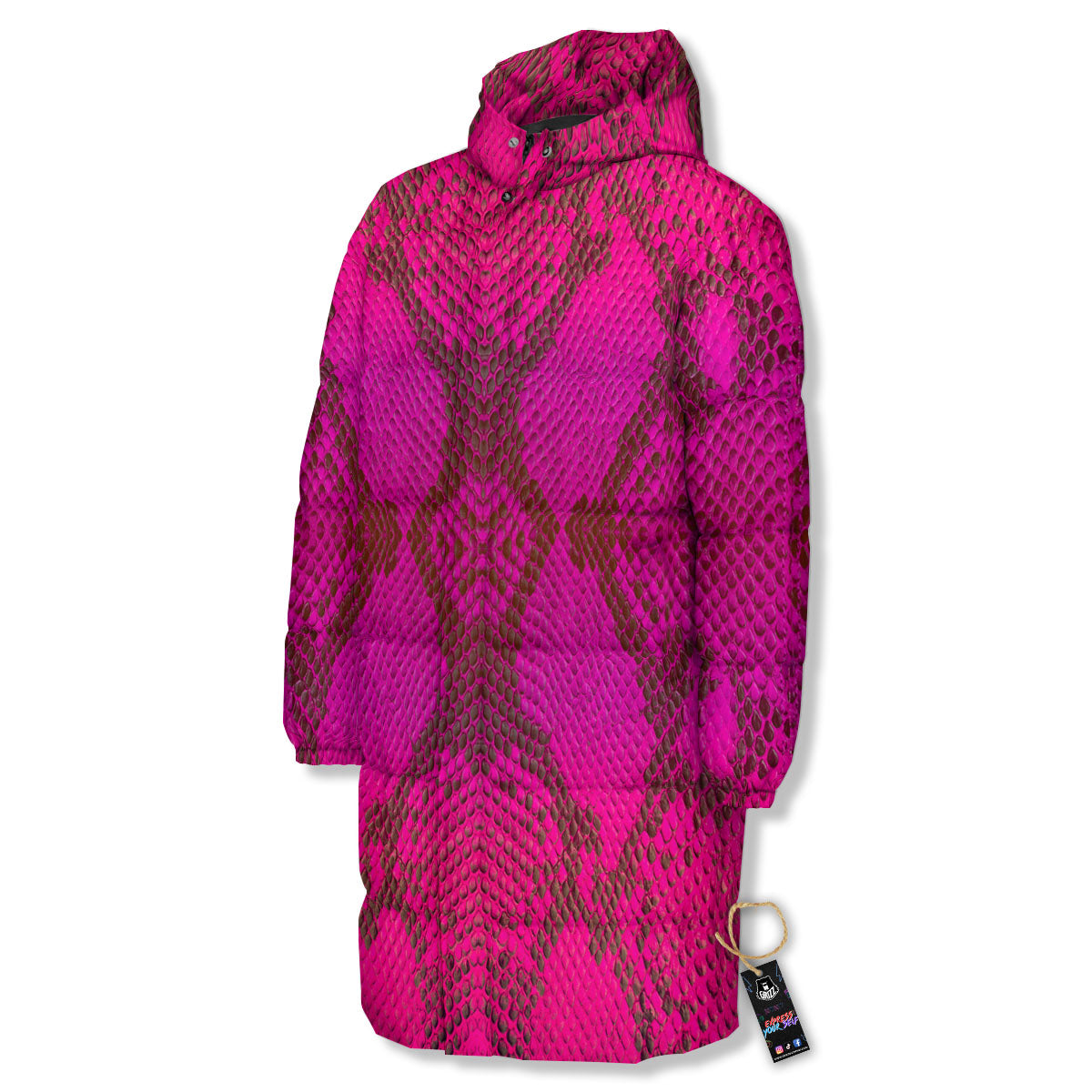 Snakeskin Black And Pink Magenta Print Long Down Jacket-grizzshop