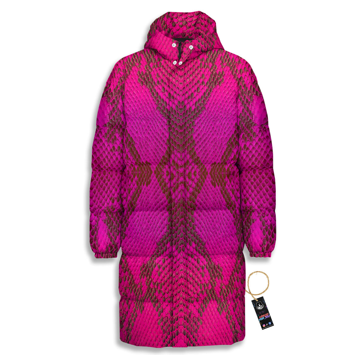 Snakeskin Black And Pink Magenta Print Long Down Jacket-grizzshop