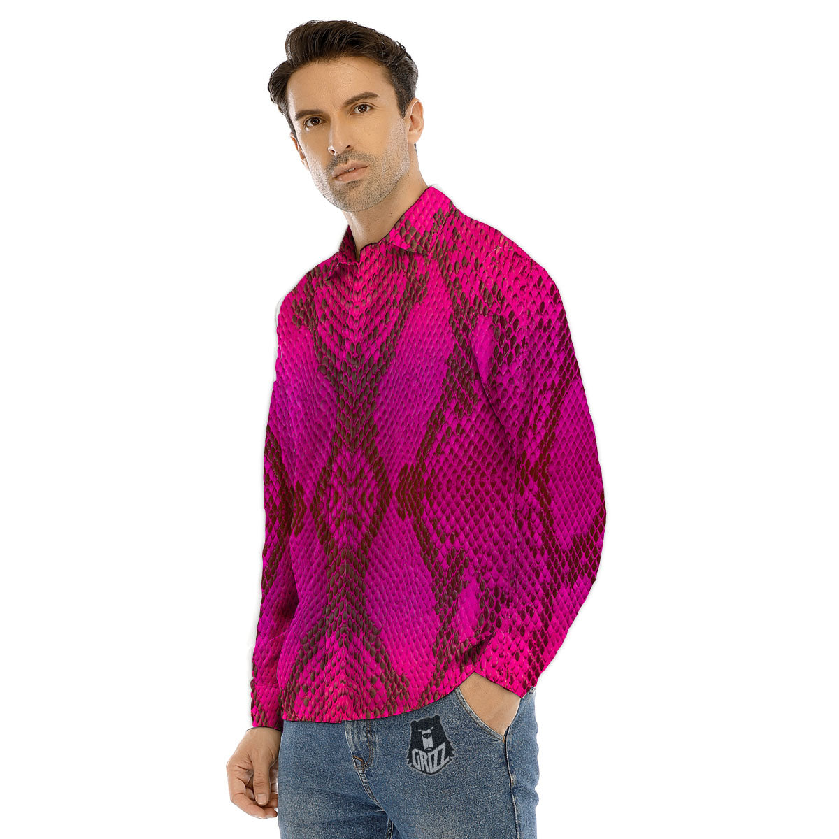 Snakeskin Black And Pink Magenta Print Men's Dress Shirts-grizzshop