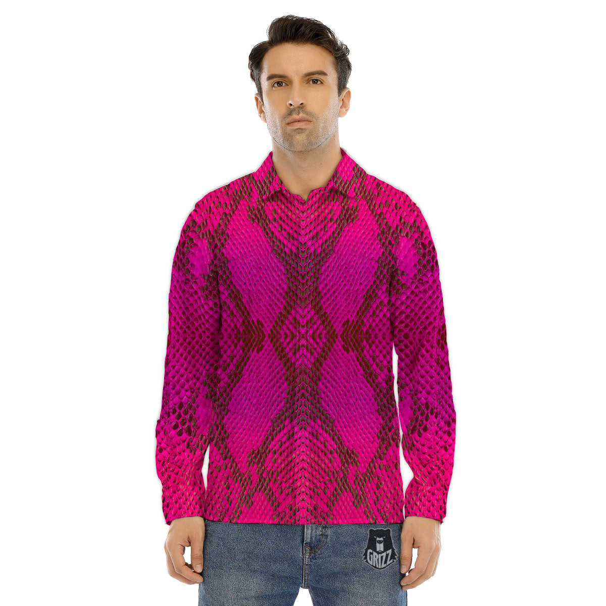 Snakeskin Black And Pink Magenta Print Men's Dress Shirts-grizzshop