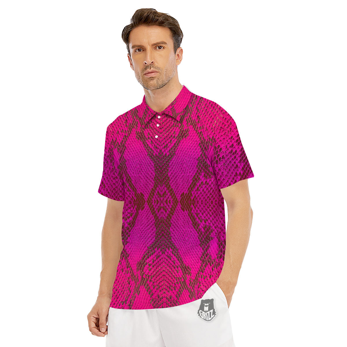 Snakeskin Black And Pink Magenta Print Men's Golf Shirts-grizzshop