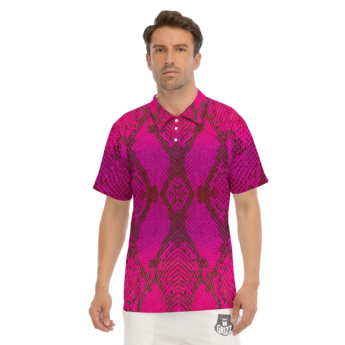 Snakeskin Black And Pink Magenta Print Men's Golf Shirts-grizzshop