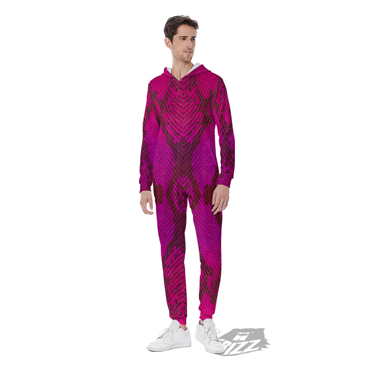 Snakeskin Black And Pink Magenta Print Men's Jumpsuit-grizzshop