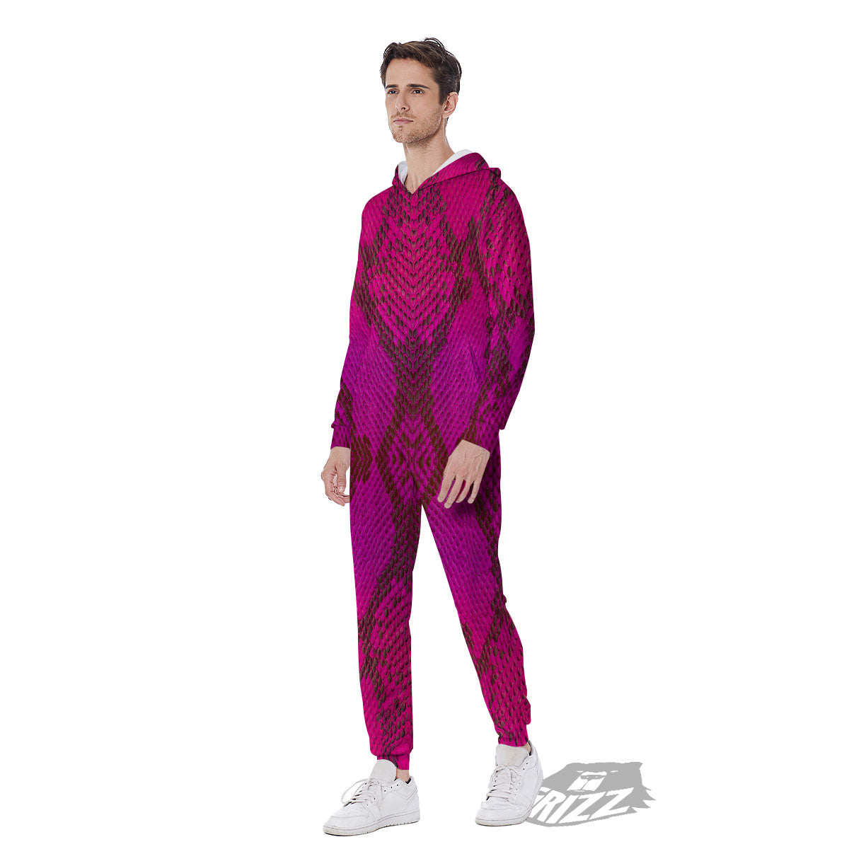Snakeskin Black And Pink Magenta Print Men's Jumpsuit-grizzshop