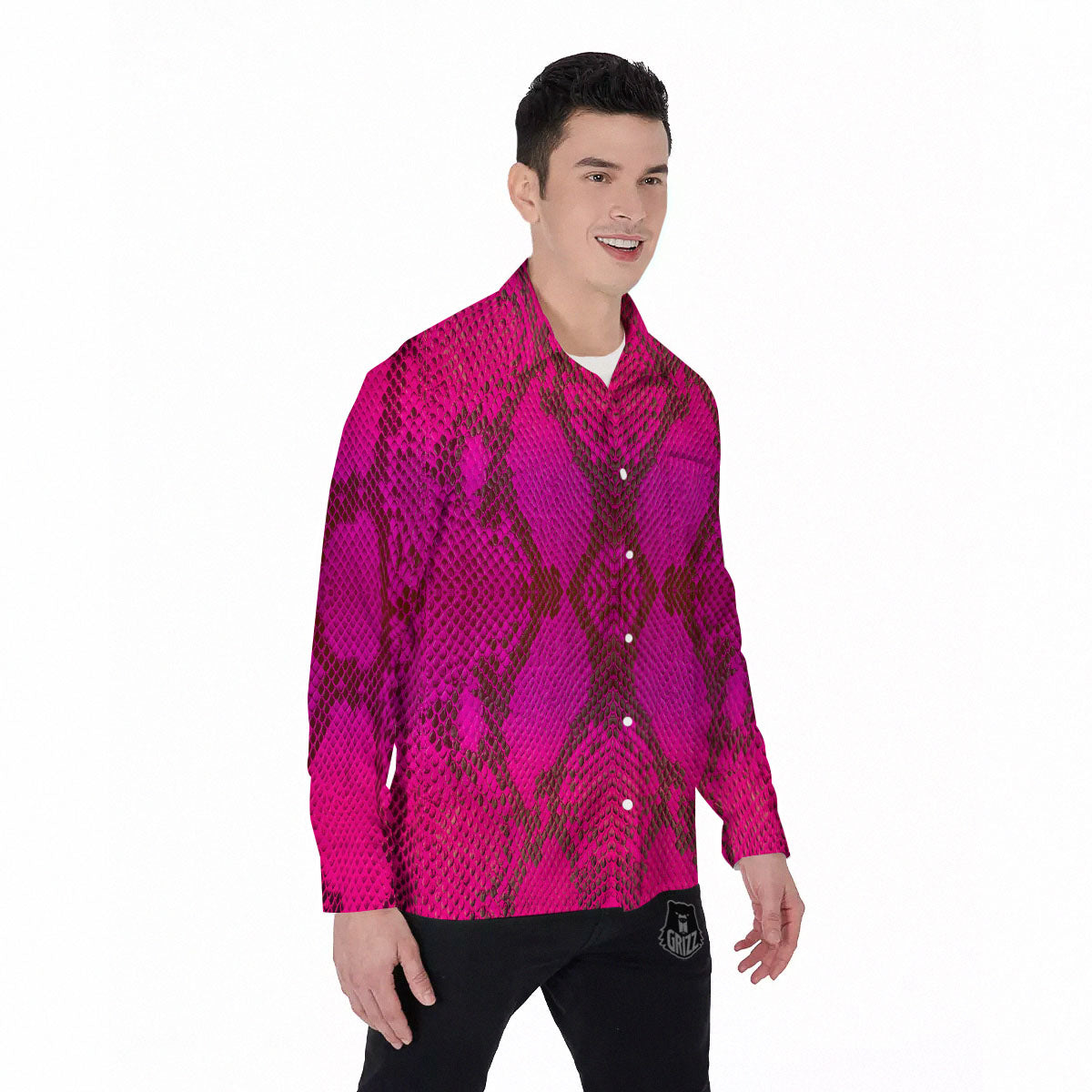 Snakeskin Black And Pink Magenta Print Men's Long Sleeve Shirts-grizzshop