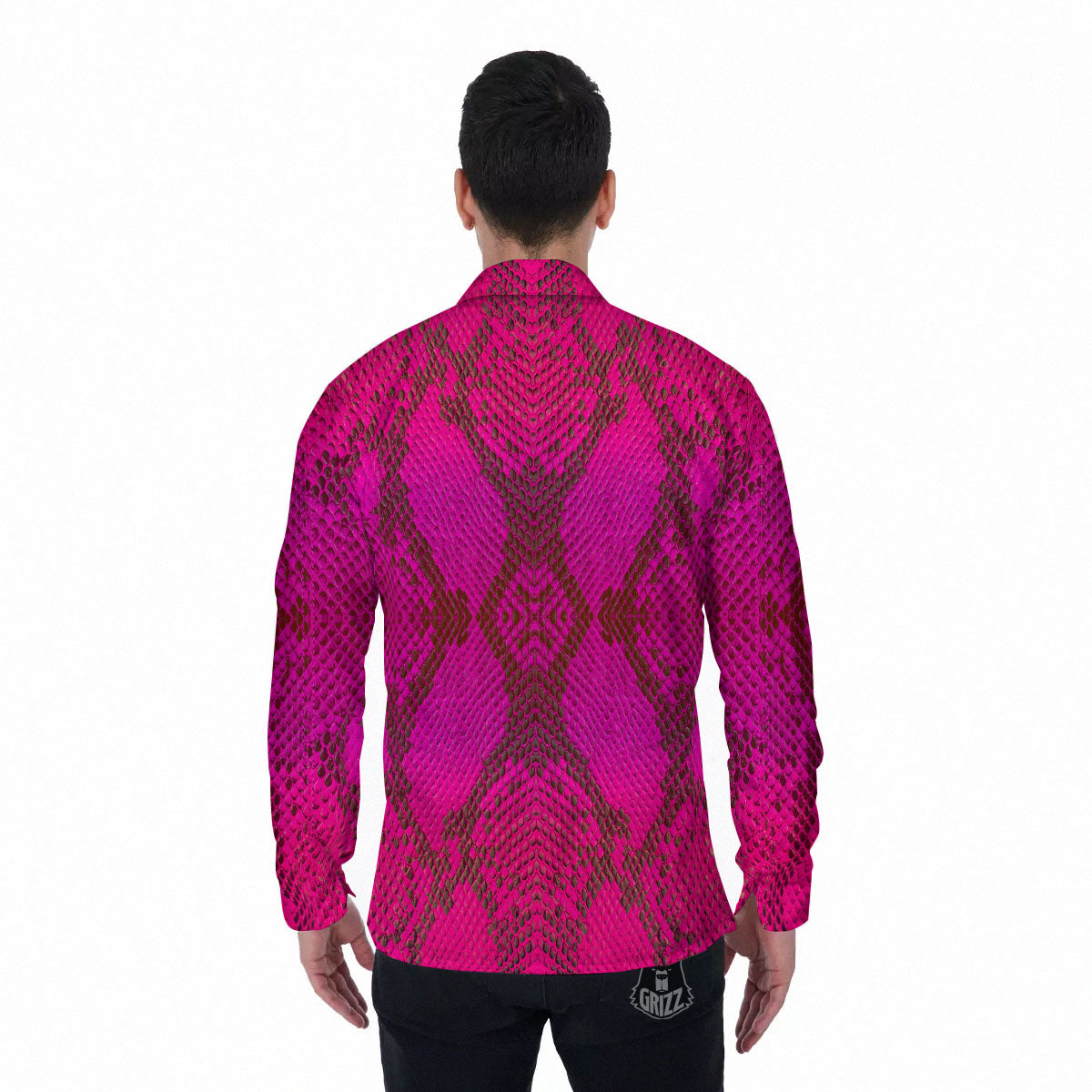 Snakeskin Black And Pink Magenta Print Men's Long Sleeve Shirts-grizzshop