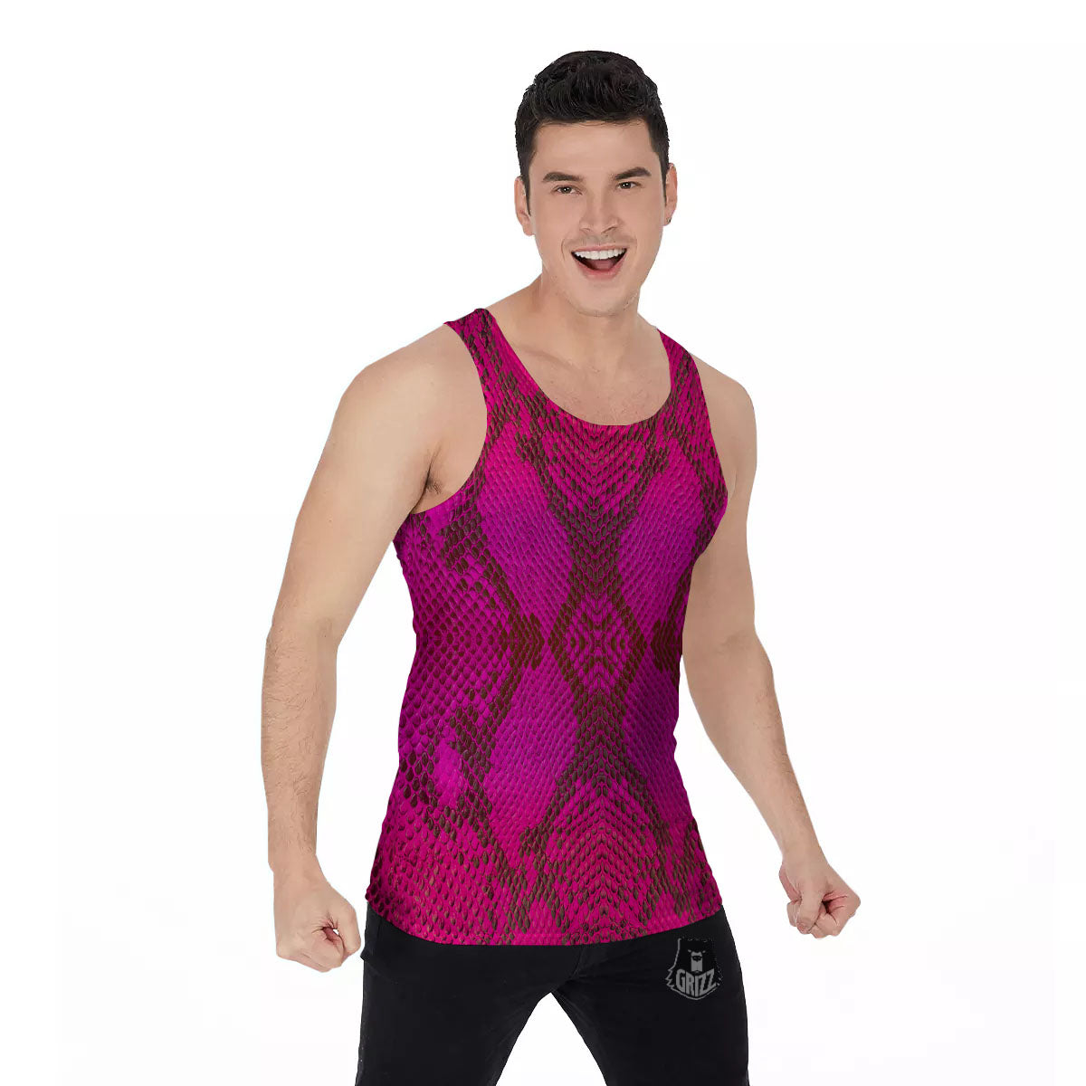 Snakeskin Black And Pink Magenta Print Men's Tank Top-grizzshop