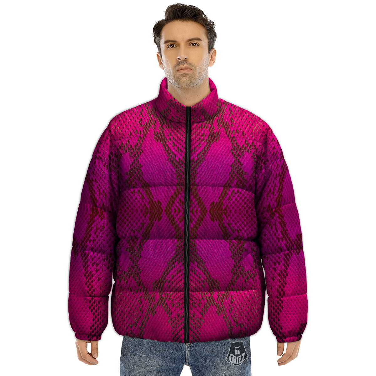 Snakeskin Black And Pink Magenta Print Puffer Jacket-grizzshop