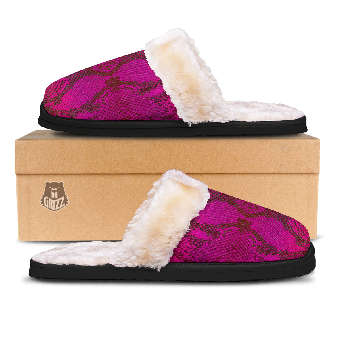 Snakeskin Black And Pink Magenta Print Slippers-grizzshop