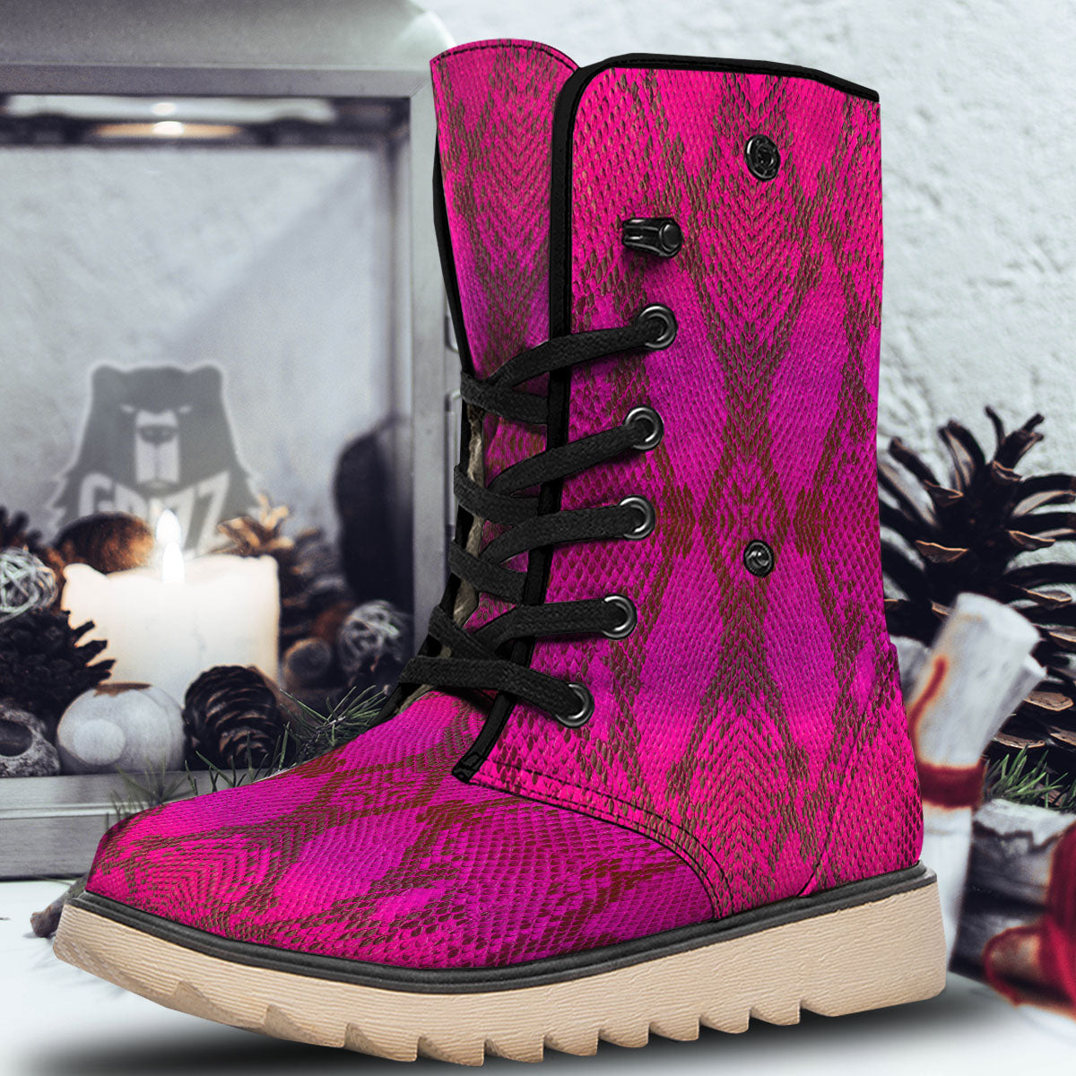 Snakeskin Black And Pink Magenta Print Snow Boots-grizzshop