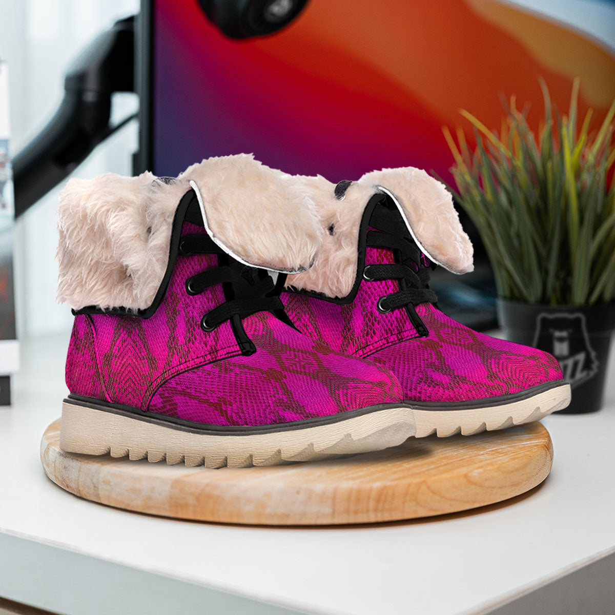 Snakeskin Black And Pink Magenta Print Snow Boots-grizzshop