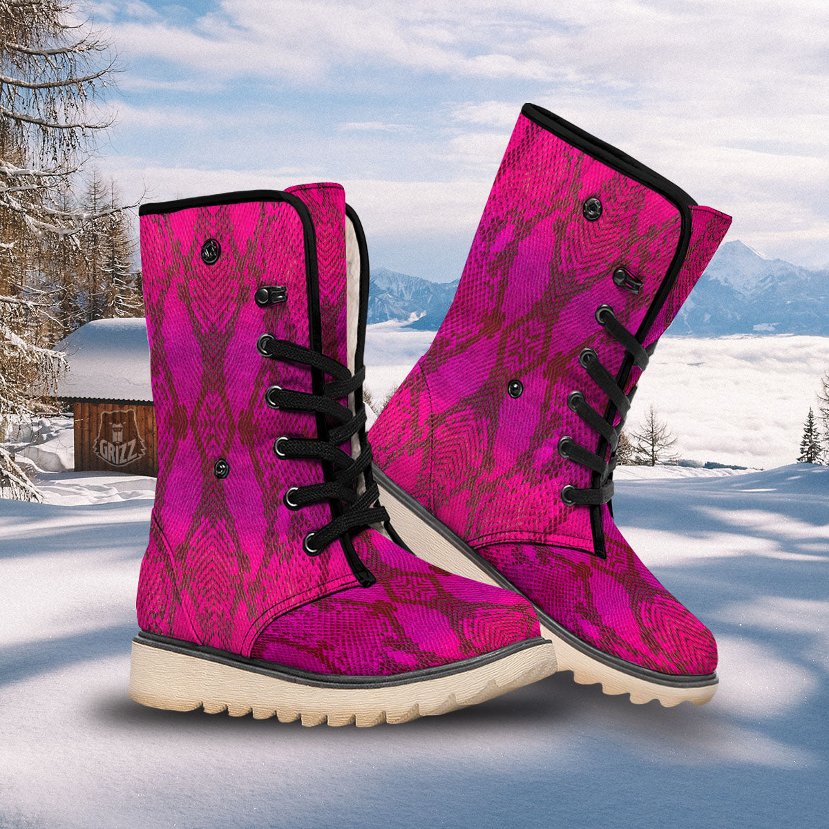Snakeskin Black And Pink Magenta Print Snow Boots-grizzshop