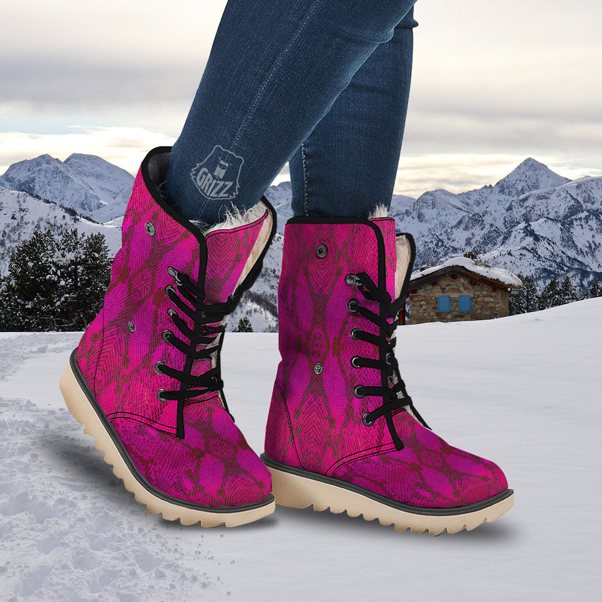 Snakeskin Black And Pink Magenta Print Snow Boots-grizzshop