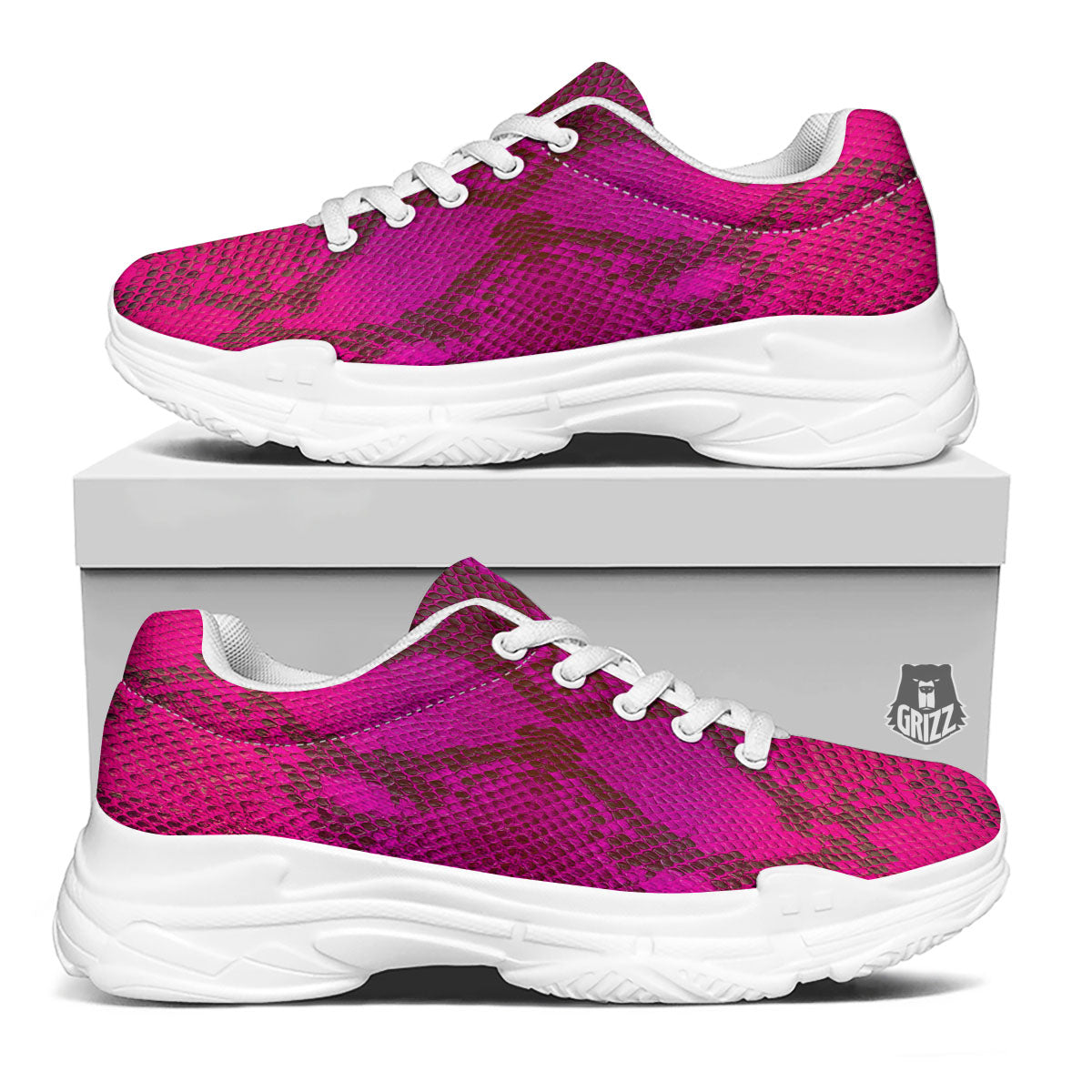 Snakeskin Black And Pink Magenta Print White Chunky Shoes-grizzshop