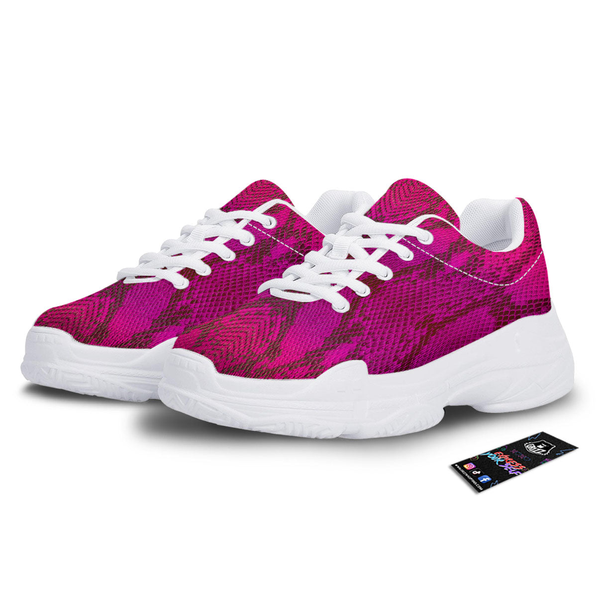 Snakeskin Black And Pink Magenta Print White Chunky Shoes-grizzshop