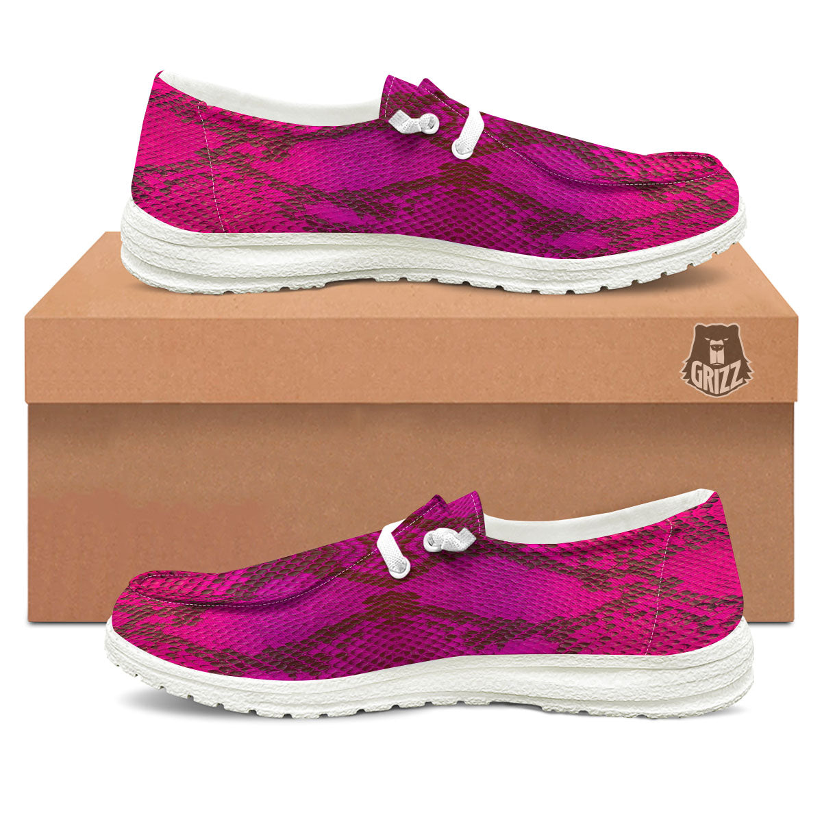 Snakeskin Black And Pink Magenta Print White Loafers-grizzshop