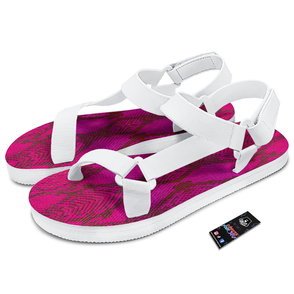 Snakeskin Black And Pink Magenta Print White Open Toe Sandals-grizzshop