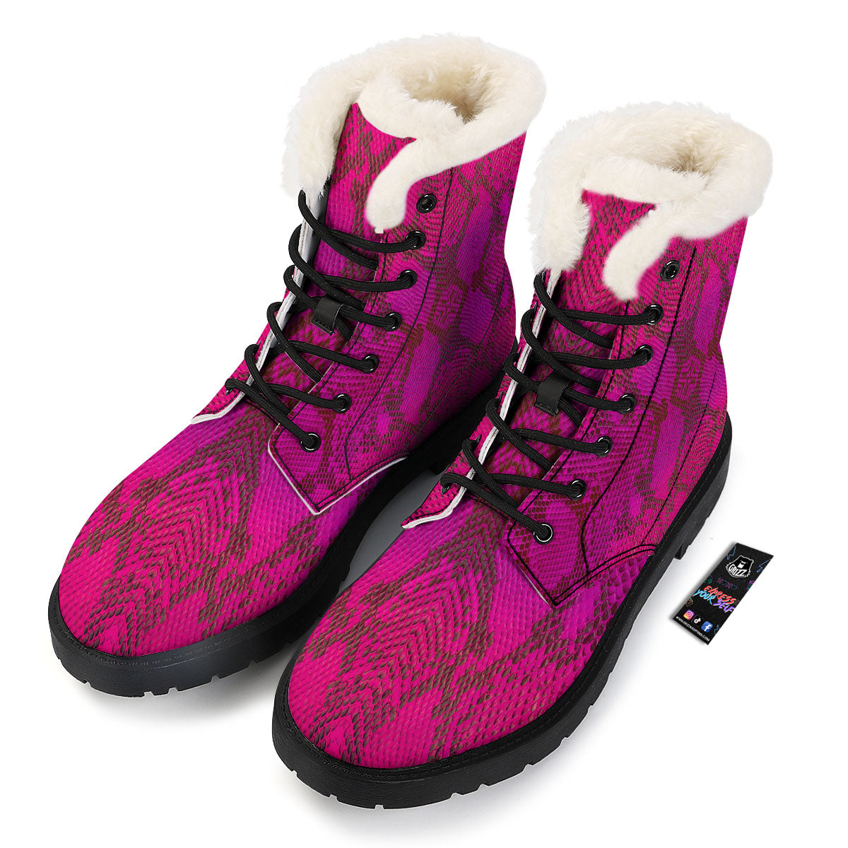 Snakeskin Black And Pink Magenta Print Winter Boots-grizzshop