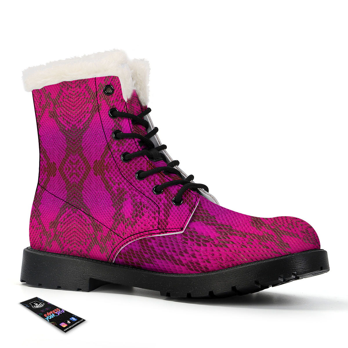 Snakeskin Black And Pink Magenta Print Winter Boots-grizzshop