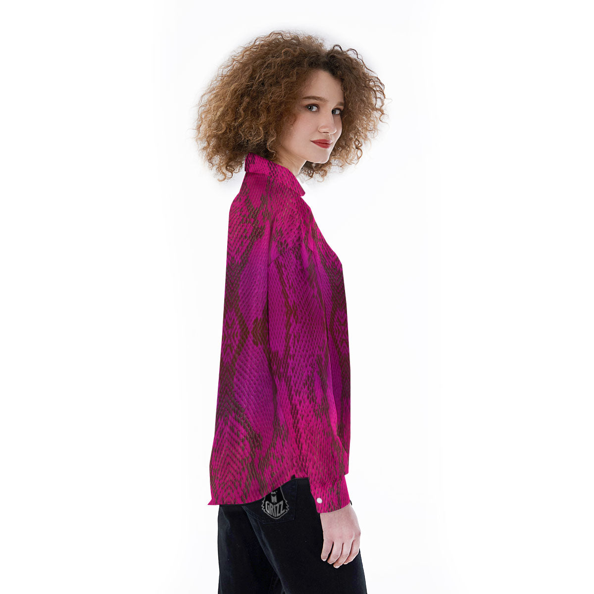 Snakeskin Black And Pink Magenta Print Women's Long Sleeve Shirts-grizzshop