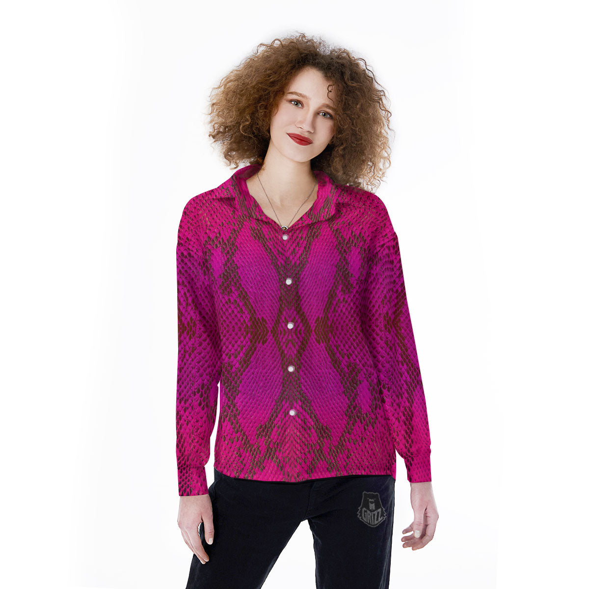 Snakeskin Black And Pink Magenta Print Women's Long Sleeve Shirts-grizzshop