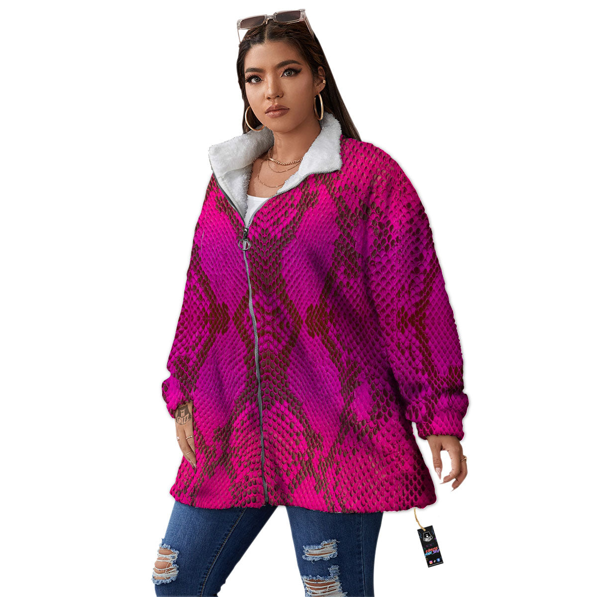 Snakeskin Black And Pink Magenta Print Women's Sherpa Jacket-grizzshop