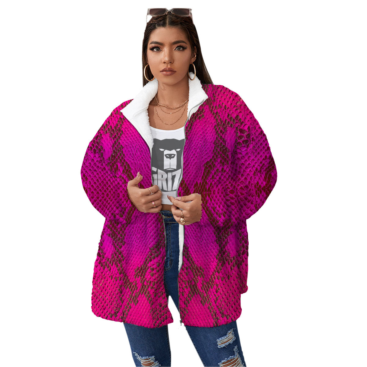 Snakeskin Black And Pink Magenta Print Women's Sherpa Jacket-grizzshop