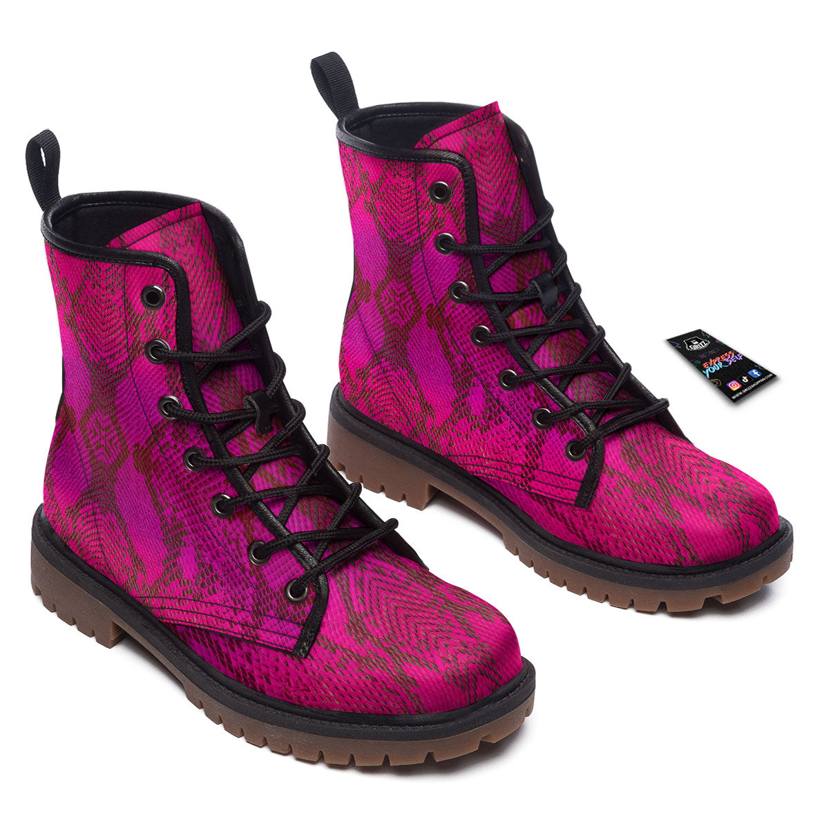 Snakeskin Black And Pink Magenta Print Work Boots-grizzshop