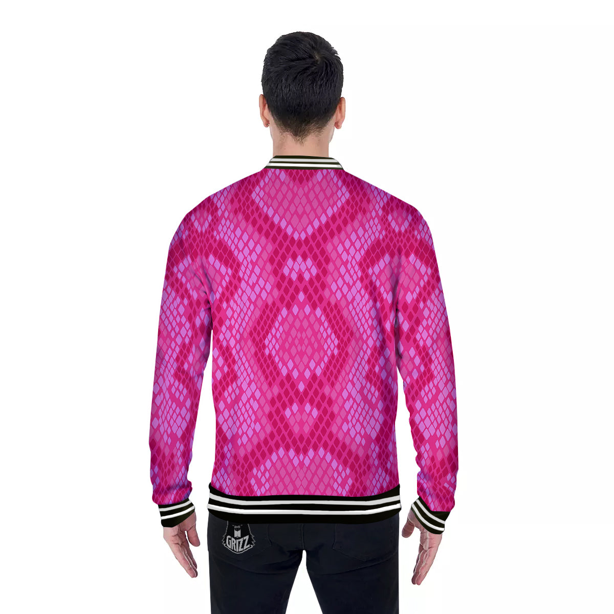 Snakeskin Black And Pink Neon Print Baseball Jacket-grizzshop
