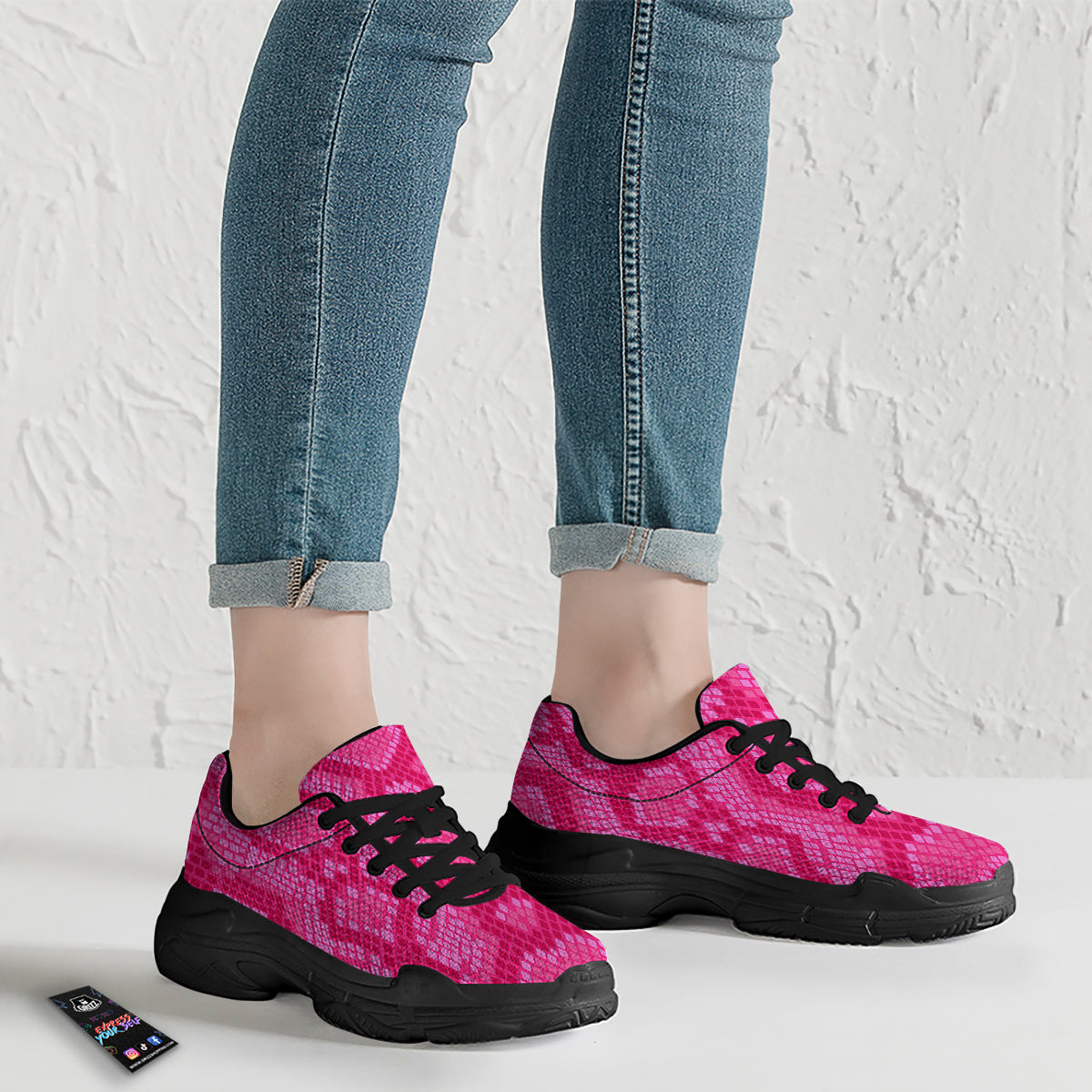 Snakeskin Black And Pink Neon Print Black Chunky Shoes-grizzshop