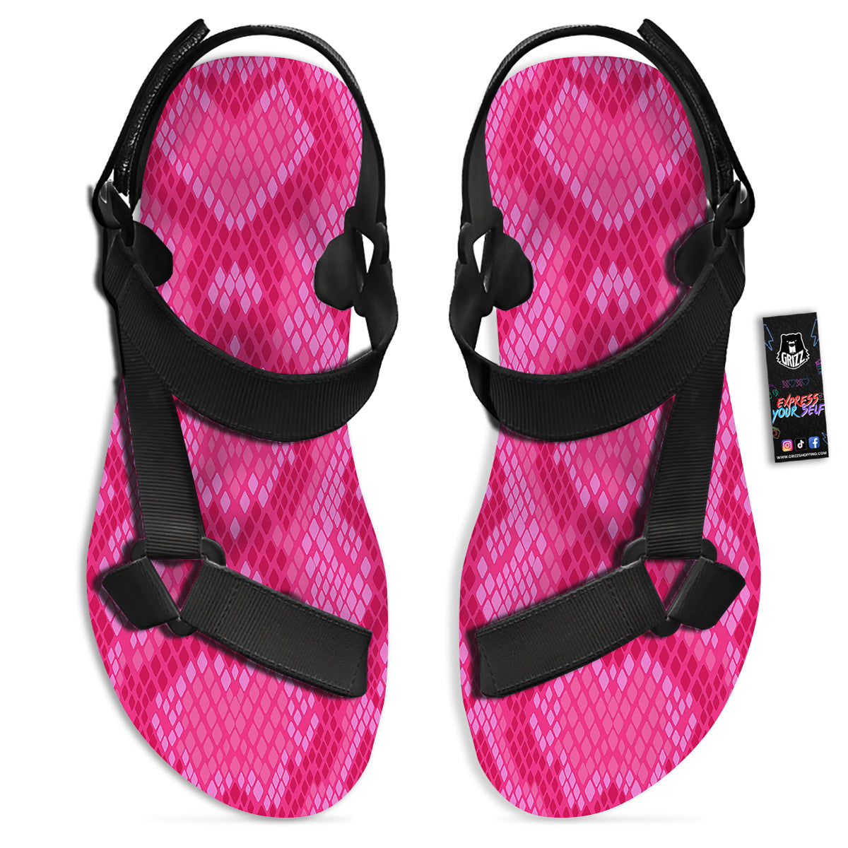 Snakeskin Black And Pink Neon Print Black Open Toe Sandals-grizzshop