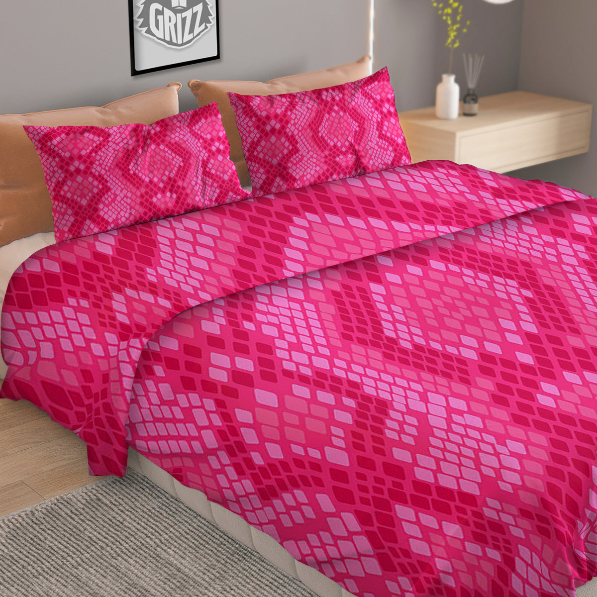 Snakeskin Black And Pink Neon Print Duvet Cover Bedding Set