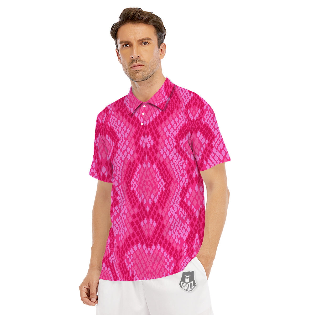 Snakeskin Black And Pink Neon Print Men's Golf Shirts-grizzshop