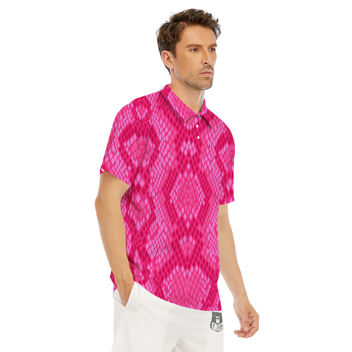 Snakeskin Black And Pink Neon Print Men's Golf Shirts-grizzshop