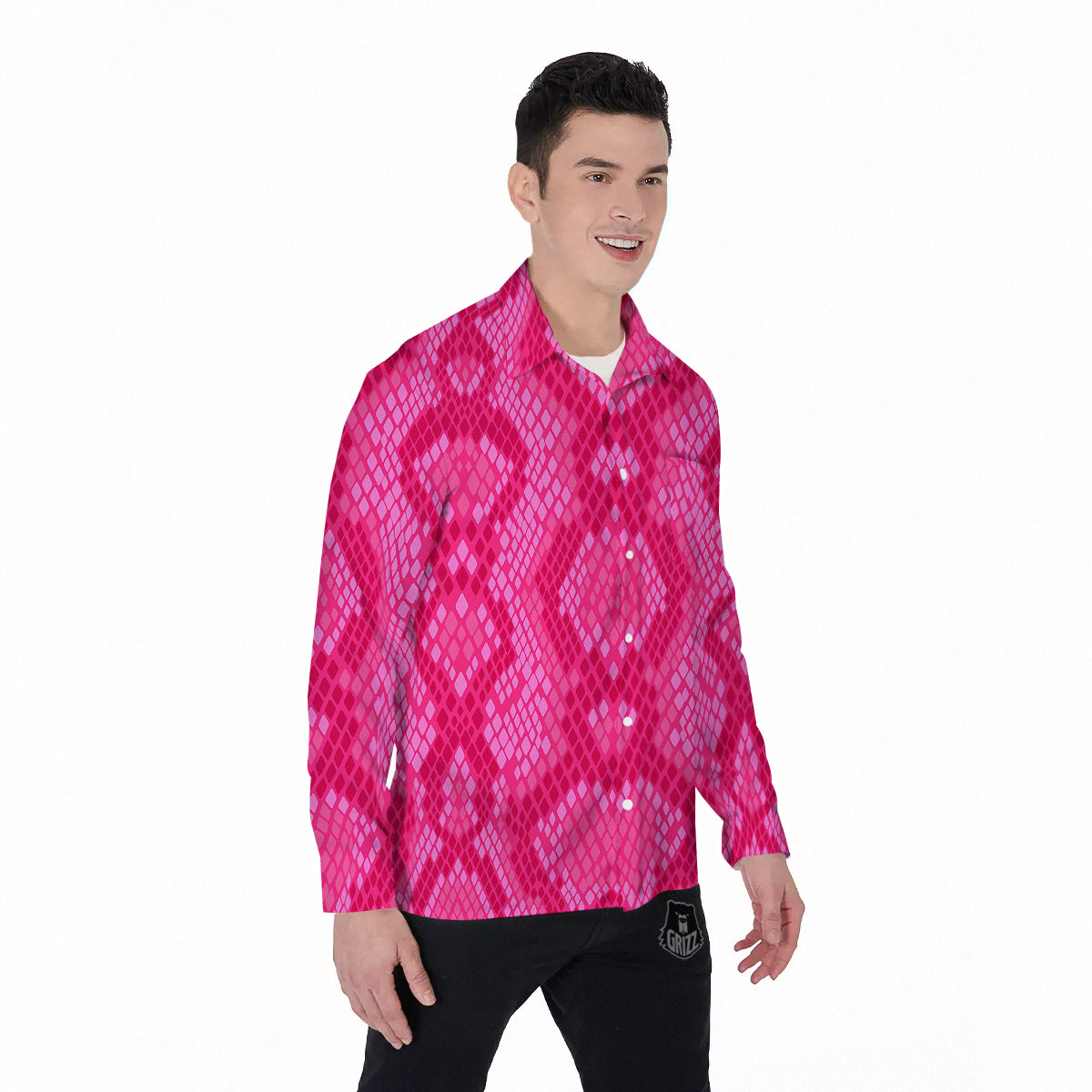 Snakeskin Black And Pink Neon Print Men's Long Sleeve Shirts-grizzshop