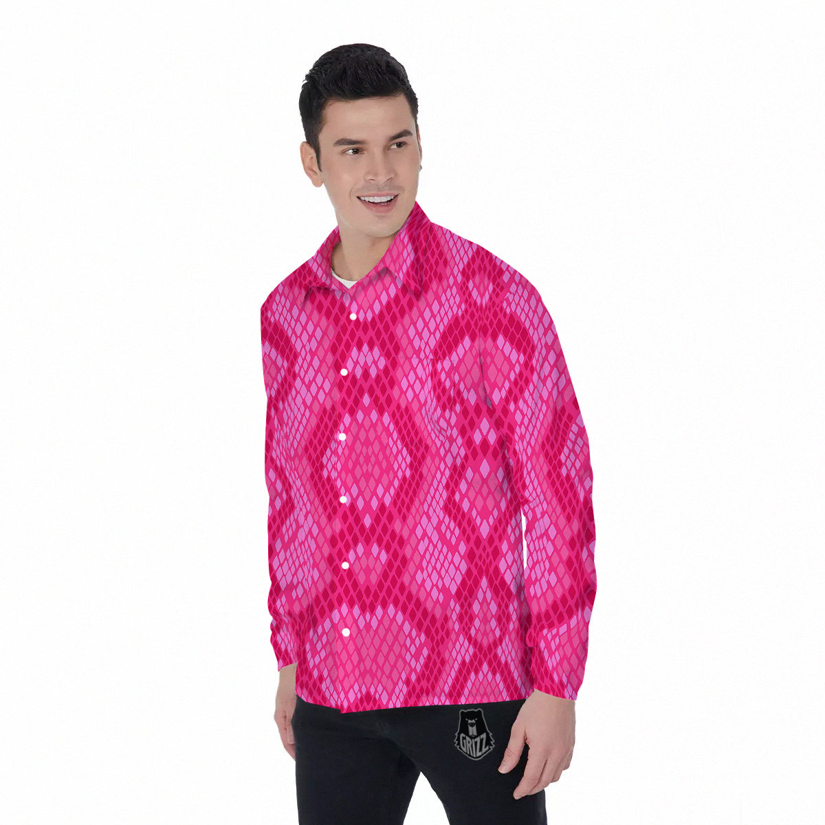 Snakeskin Black And Pink Neon Print Men's Long Sleeve Shirts-grizzshop