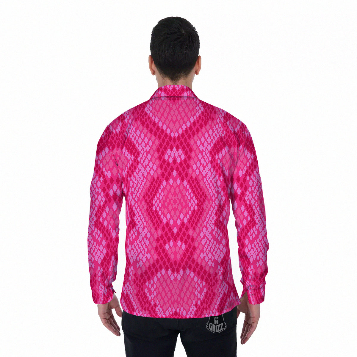 Snakeskin Black And Pink Neon Print Men's Long Sleeve Shirts-grizzshop