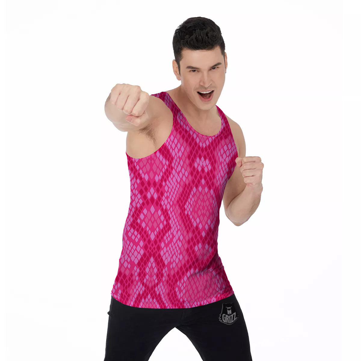 Snakeskin Black And Pink Neon Print Men's Tank Top-grizzshop