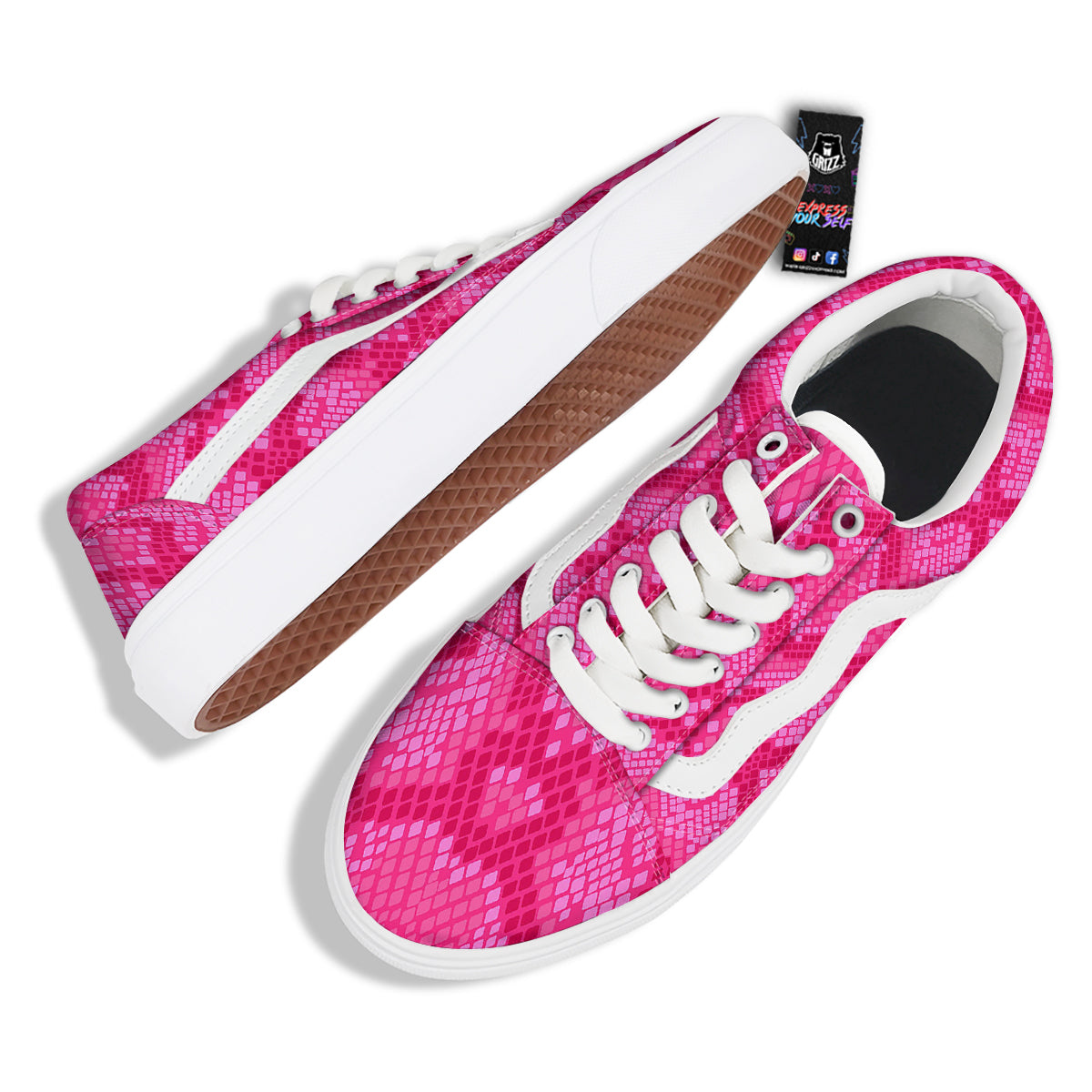 Snakeskin Black And Pink Neon Print Skate Shoes-grizzshop