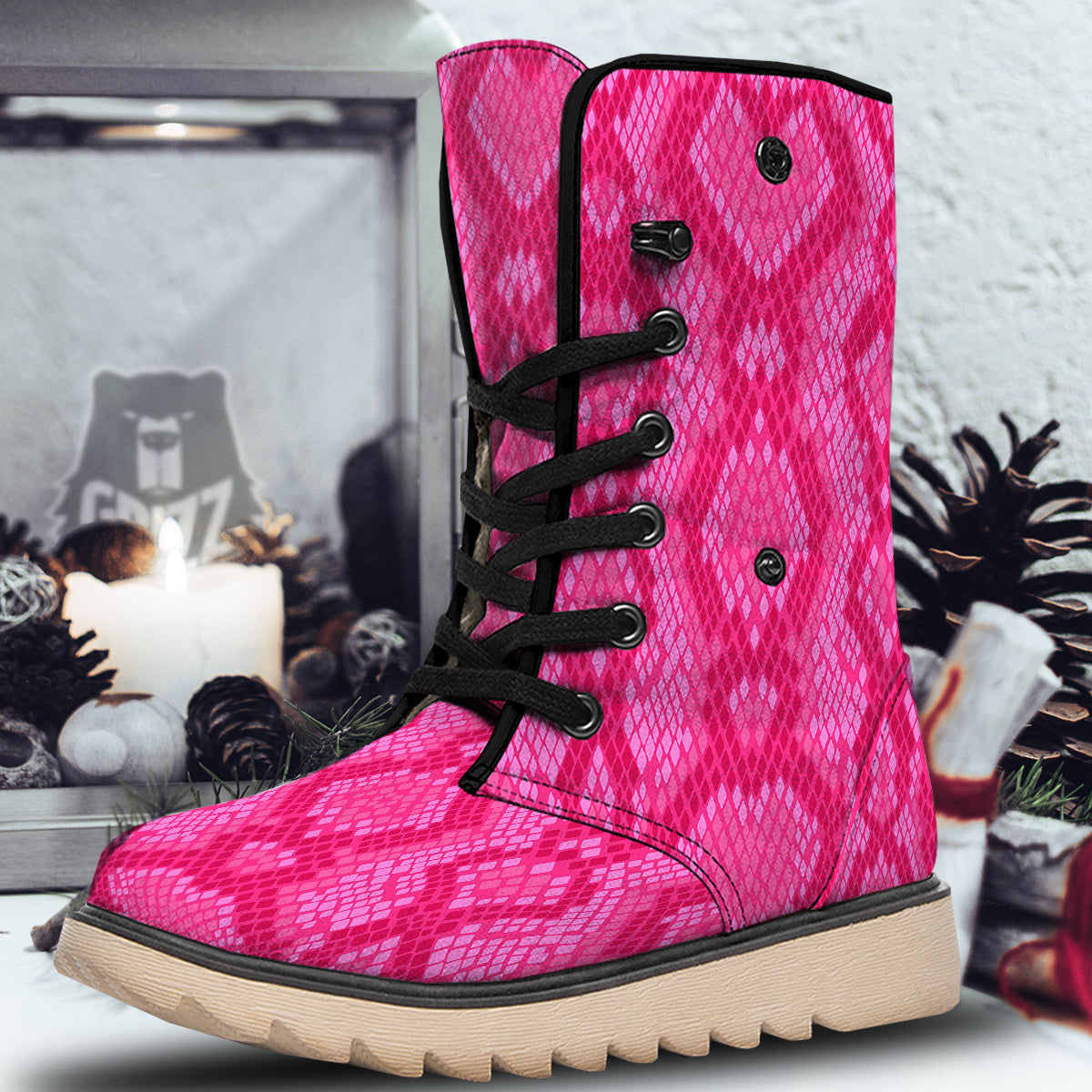 Snakeskin Black And Pink Neon Print Snow Boots-grizzshop