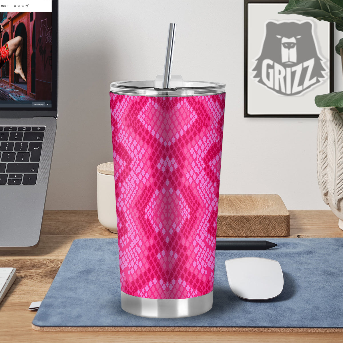 Snakeskin Black And Pink Neon Print Tumbler-grizzshop