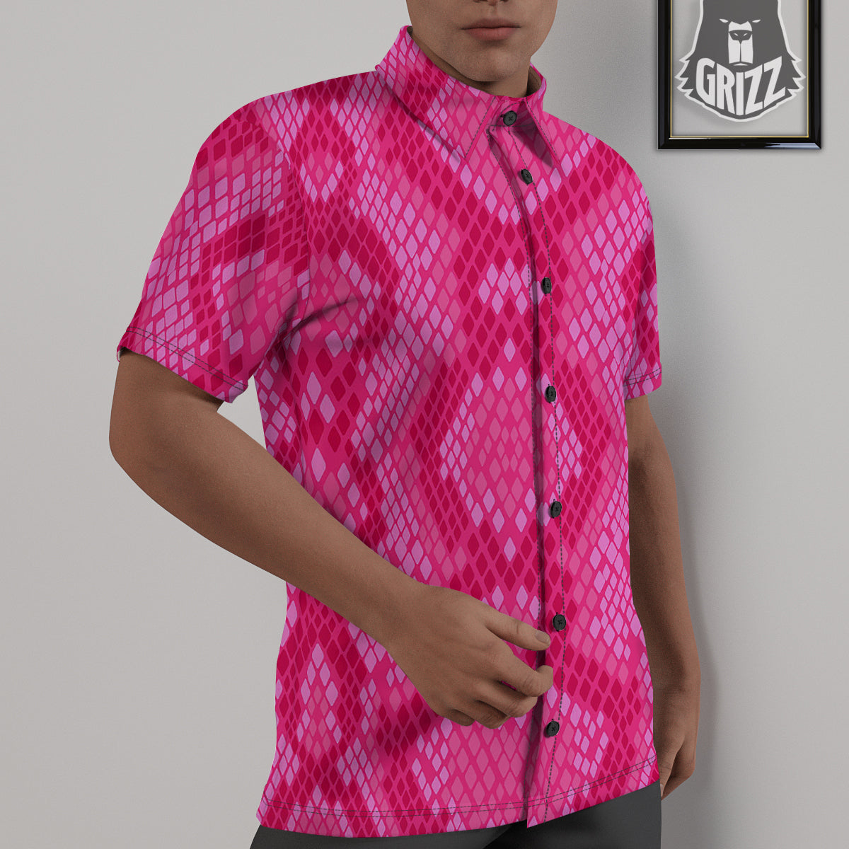 Snakeskin Black And Pink Neon Print Untucked Shirts-grizzshop