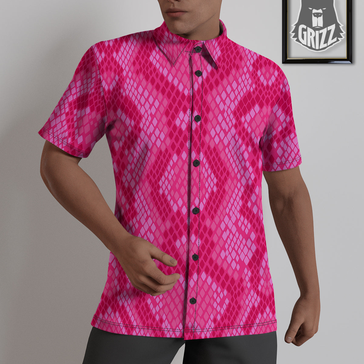 Snakeskin Black And Pink Neon Print Untucked Shirts-grizzshop