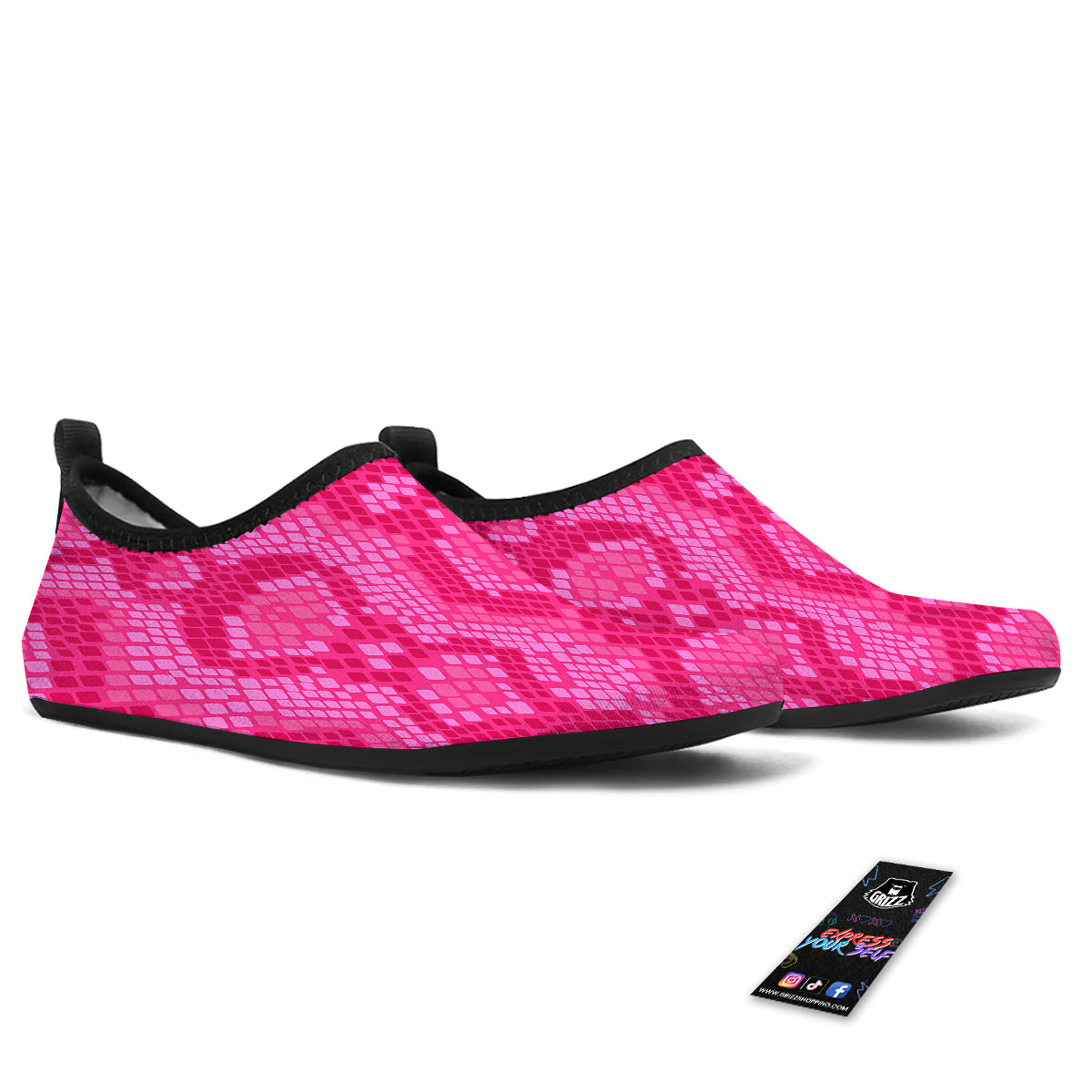 Snakeskin Black And Pink Neon Print Water Shoes-grizzshop