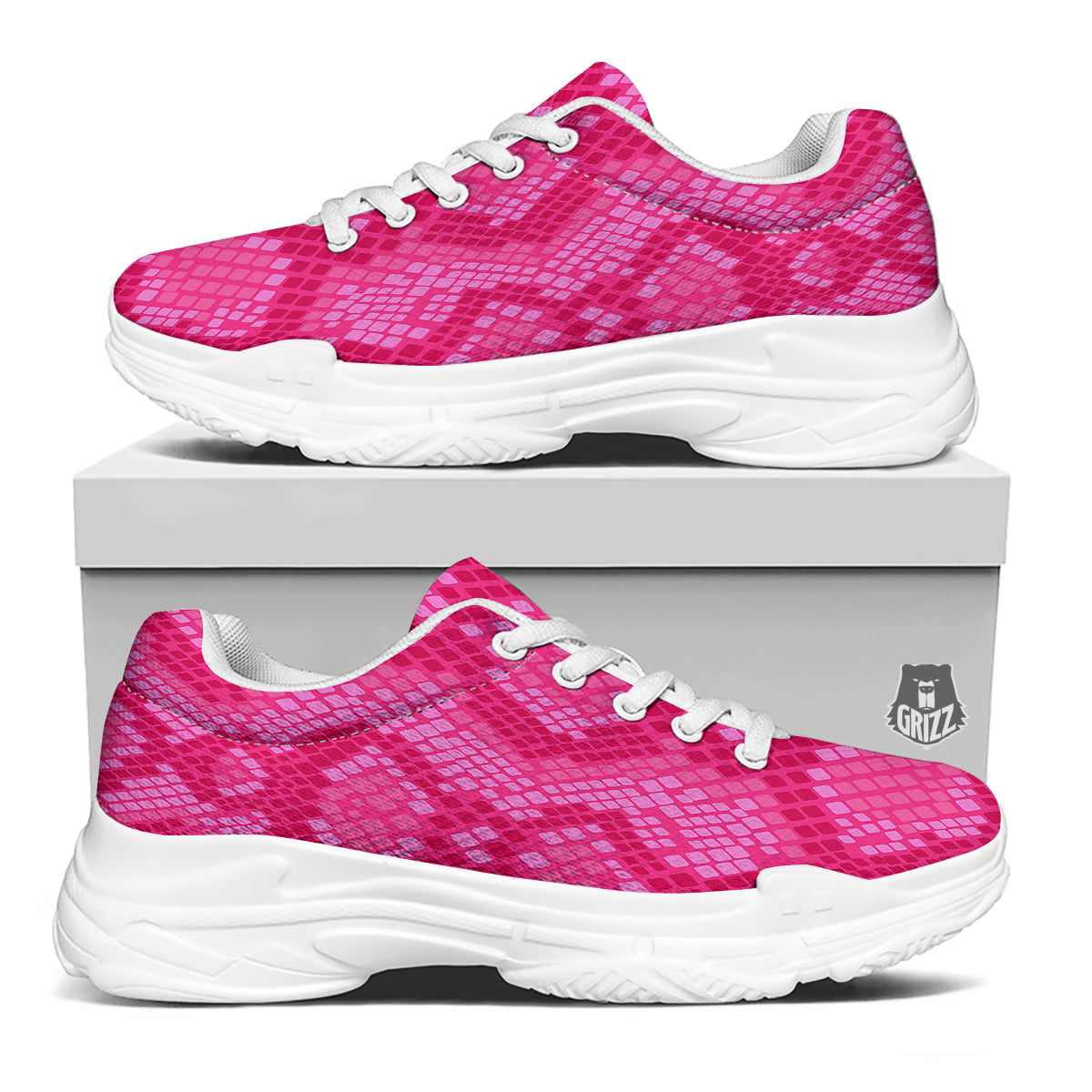 Snakeskin Black And Pink Neon Print White Chunky Shoes-grizzshop