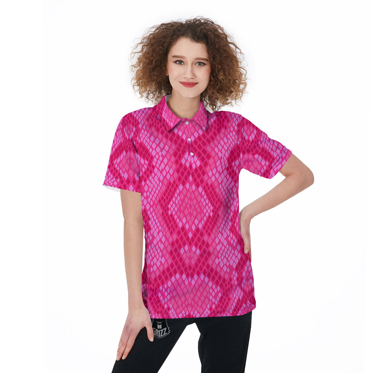 Snakeskin Black And Pink Neon Print Women's Golf Shirts-grizzshop