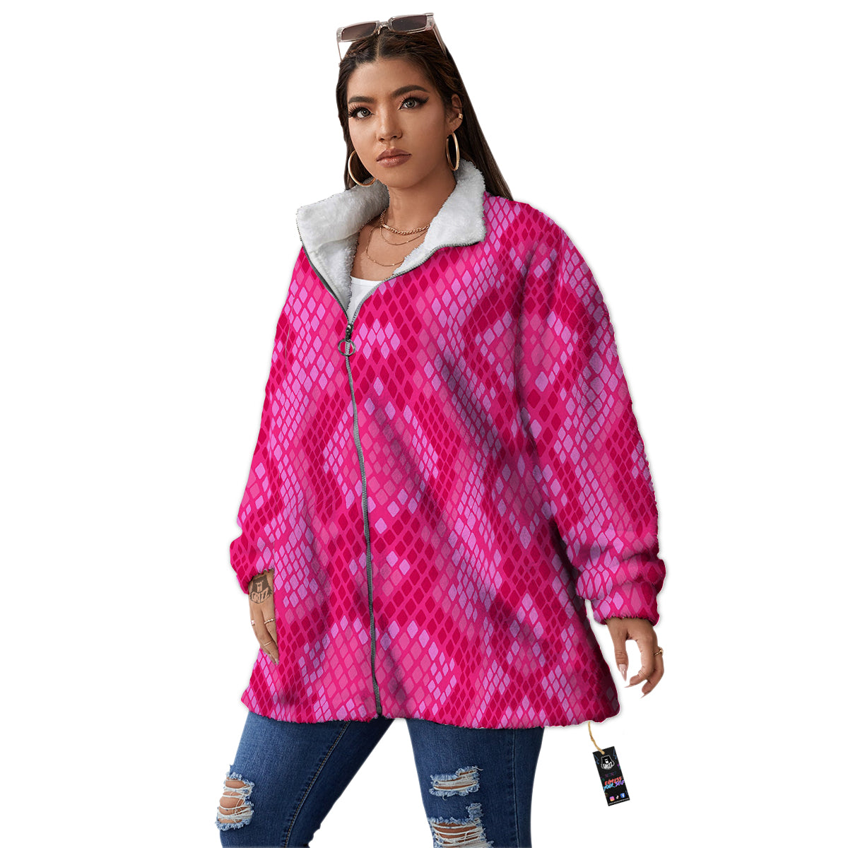 Snakeskin Black And Pink Neon Print Women's Sherpa Jacket-grizzshop